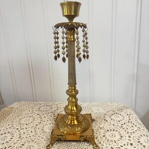 Brass Candlestick Holder, Beaded Deco, Ornate Footed Base, Boho Chandelier Style